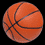 Pixelated orange basketball with dark brown seams on a black background, rendered in low-resolution digital style.