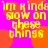 Yellow pixelated text on a bright pink background with orange circular shapes, repeating the phrase "im kinda slow on these things" in four identical quadrants.