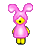 Pixelated pink bunny-costumed figure with yellow limbs and black eyes, shown in four sequential poses against gray background.
