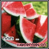 Watermelon slices in a bowl with green background, text "watermelon" at bottom, pixelated style.