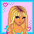 Pixel art of nine pink and blue showing a blonde character with blue eyes, pink jacket, blue skirt, and pink shoes, with text phrases about being cute and having great hair