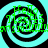 Four identical spiral patterns arranged in a , each with alternating cyan and black rings and green text overlaid