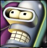 Close-up of a metallic robot head with yellow eyes, black square pupils, and a grid-patterned mouth, set against a blurred background with purple and green tones.