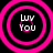 Four identical pink circular icons with black backgrounds display "LUV You" text in white, arranged in a