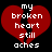 Red broken heart with white pixelated text 'my broken heart still aches' on black background.