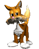 Animated fox-like avatar with brown and white fur, pink nose, and large eyes, standing on white paws against a gray background.