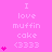 Pixelated pink background with repeated text "I love muffin cake <3333" and varying heart counts per