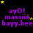 Purple text 'ayO! massie bayy.bee' on black background with yellow and brown stars, animated star positions across frames.