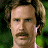 A 48x48 pixel buddy icon featuring Will Ferrell as Ron Burgundy from Anchorman, with a split composition showing his face on the left and movie title text on the right against a blue background.