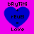 Four identical blue heart-shaped icons with pixelated text on a bright pink background, each displaying 'bRYTiNi + rEUl = LoVe' in black block letters.