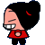 Pixelated cartoon character with black hair in a bun, red top, and black pants, shown in two side-by-side poses with different facial expressions.