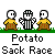 A 4x4 contact sheet of pixel art frames showing a potato sack race animation with stick figures in yellow shirts and brown pants, featuring referees in black-and-white striped jerseys on a gray background with green grass strips.