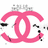 Pixelated pink double-C symbol with white negative space, surrounded by scattered black and gray pixels on a white background.