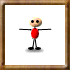 Pixelated cartoon figure with beige head, red torso, black limbs in various poses against white background.