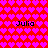 A static pixel art image with a red and pink heart pattern background, featuring four instances of the name "Julia" in black text.