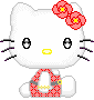 Pixelated white cat with pink flower headband, yellow nose, black whiskers; red patterned dress with gray belt and gold chain; two expressions shown side-by-side.