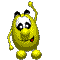 Six pixelated yellow cartoon characters with white foreheads, black eyebrows, and red mouths in various poses against a gray background.