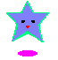 A blue star with green outline displays multiple expressions and accessories , including a red mouth, mustache, sunglasses, black hat, and pink text