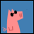 A pink pig with black sunglasses stands against a blue background, text above it changes from 'h' to 'holla.' with punctuation variations.