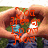 Two hands form a heart shape over a blurred outdoor background with green grass and blue water, overlaid with red text that changes across frames.