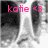 Pixelated image with pink text 'katie' and '<3' over grayscale background featuring dark vertical shapes and light abstract forms.