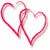 Two overlapping red heart outlines on a transparent background with soft gradient shading and pixelated edges.