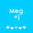 Blue background with white pixelated text 'Meg.' and '=]' below it, five star-like symbols at the bottom, two versions differ in star coloration.