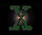 Green pixelated X-shaped figure with glowing red core rotates through multiple angles against dark background.