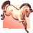 Pixelated image of two brown horses with flowing manes standing side-by-side against a peach-colored background.
