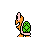 Pixel art of a green-shelled turtle character with orange limbs and pink underbelly, shown in two side-by-side poses against gray background.