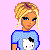 Pixel art of a blonde woman in blue pajamas with Hello Kitty faces, shown in multiple poses against a pink background with "Pj's" text.