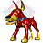 Pixelated red and yellow creature with large ears, blue chest accent, and open mouth showing teeth, standing against white background.