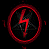 A split composition shows a red circular symbol with a lightning bolt on the left and a stylized face with red accents on the right against black background.
