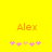 Yellow background with orange text 'Alex' above pink and peach star-like shapes; left side has five stars, right side has six stars.