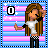 Pixel art character with long brown hair in white crop top and black pants, standing against pink-blue striped background with white stars.