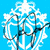 Blue background with white stylized floral or abstract design, featuring curved lines and circular shapes.