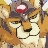 A pixelated close-up of a cartoon animal face with brown fur, white muzzle, and dark eyes, wearing a red and white object on its head.