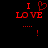 Red pixelated text 'I LOVE' with a heart symbol above the 'O', dots, and an exclamation mark on black background.