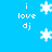Blue background with white pixelated text 'i love dj' and snowflake icons in a pattern