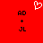 Red background with white heart symbol at top center, black text 'AD', '+', and 'JL' arranged vertically on left and right sides.