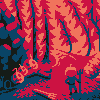 Pixel art depicting a forest scene with red and orange foliage, blue tree trunks, and dark ground elements.