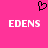 A static pixel art image with a bright pink background, featuring a black pixelated heart symbol above two identical white pixelated text strings reading "EDENS".