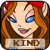 Pixelated cartoon-style icon of a female character with long brown hair, blue eyes, pink lips, and a red headband, featuring the word "KIND" below her face on a beige banner.