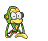 Pixelated cartoon monkey with green body, yellow face and banana prop in various poses including walking, shouting, and waving.