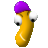 Pixelated yellow bean-shaped figure with purple cap, large white eyes with black pupils, and a white curved highlight on its body against gray background.