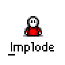 A 5x5 contact sheet of animated frames showing a pixelated character in red clothing imploding into smaller shapes against a gray background, with text "Implode" beneath each frame.
