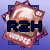Pixelated cartoon character icons on purple backgrounds with text labels, including a fish and other figures in pink-bordered frames.