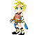 Pixel art character with blonde hair and green eyes in six poses showing varied arm positions, weapon held at side.