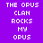 Pixelated text with alternating purple and pink background sections displaying 'THE OPUS', 'CLAN', 'ROCKS', 'MY', 'OPUS' in white block letters