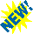 Blue text 'NEW!' on yellow starburst shape in pixelated style, displayed across multiple sizes and orientations.